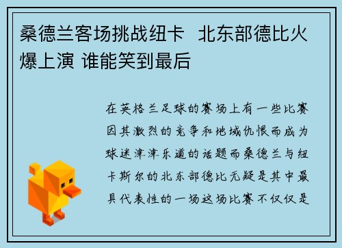 桑德兰客场挑战纽卡  北东部德比火爆上演 谁能笑到最后