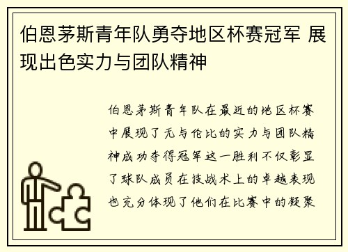 伯恩茅斯青年队勇夺地区杯赛冠军 展现出色实力与团队精神